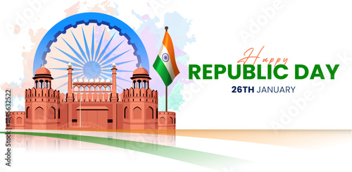 Republic Day of India Banner with Red Fort, Ashoka Chakra and Indian Tricolor Flag Background