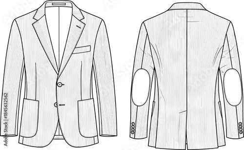 Men’s blazer technical fashion sketch, front and back view, pinstripes, elbow patches, notched lapel, apparel design, vector template