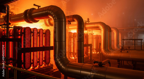 Visible white steam vents from a safety valve on an ammonia converter in a heat exchanger during an industrial process
