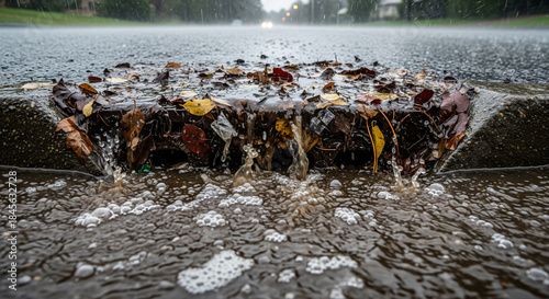Heavy rain causes drain overflow with dark water rising over a blocked grate onto the sidewalk