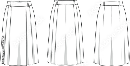 Pleated A-line skirt illustration, inverted box pleats, waistband and dart detailing, technical fashion sketch, front view, vector garment template