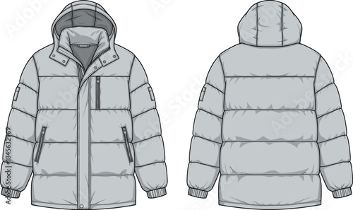 Puffer jacket technical fashion sketch, front and back view, hooded design, quilted insulation, zip pockets, garment construction vector template