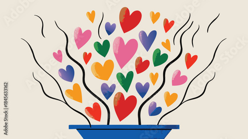 Colorful heart tree in blue pot with multiple branches and vibrant hearts of various sizes on light green background