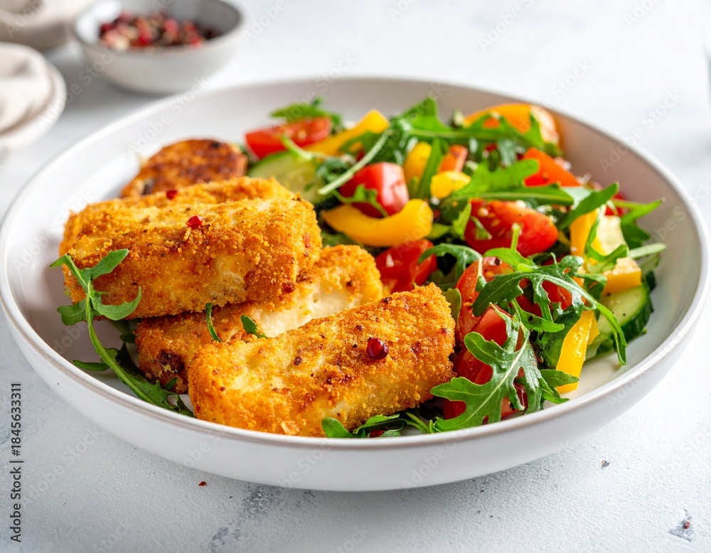 Fototapeta premium Gebratener Halloumi mit buntem Salat