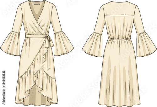 Ruffled wrap dress technical fashion sketch, front and back view, layered hem design, flared sleeve, elegant garment construction vector template