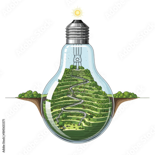 Eco-friendly power source concept featuring a terraced landscape inside a lightbulb, symbolizing sustainable energy and green initiatives