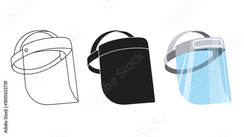 Face Shields Set in Three Styles — Line Art, Silhouette and Color Version Showing 