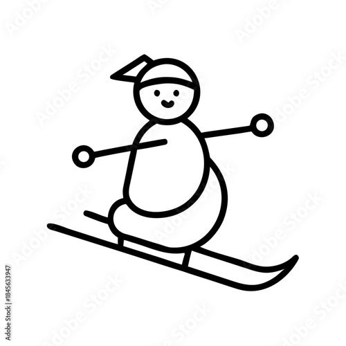 Snowman skiing on slope with cheerful expression in winter setting  