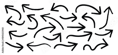 Arrows hand drawn doodle icons set. Curved cartoon arrows sketches collection. Scribble swirl arrow signs.  Vector illustrations isolated on white background.  