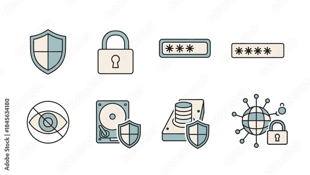 Fototapeta premium Cyber Security and Data Protection Icons Set for Digital Safety