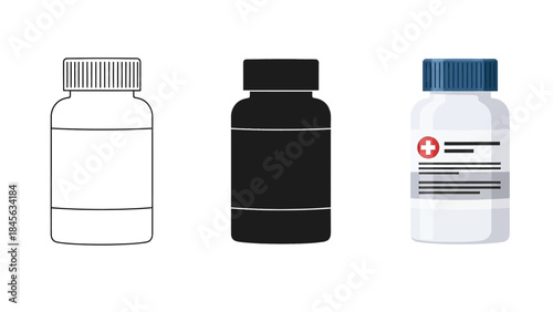 Medicine Bottles Set in Three Styles — Line Art, Silhouette and Color Version Showing  with Labels and Caps