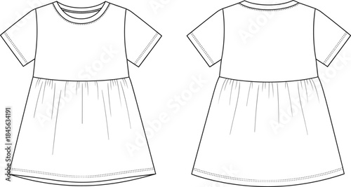Short-sleeved gathered dress technical fashion sketch, front and back view, round neckline, fitted bodice, garment construction vector template
