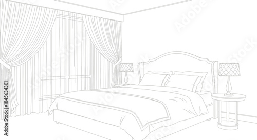 Elegant bedroom line art drawing featuring a large bed with plush pillows and draped curtains