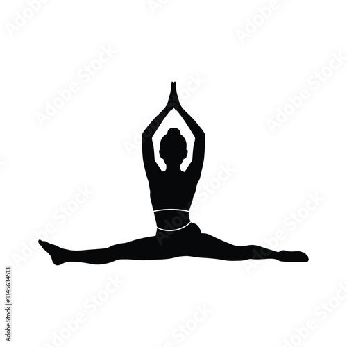 Black silhouette of a woman in a yoga split pose with hands clasped overhead flexibility
