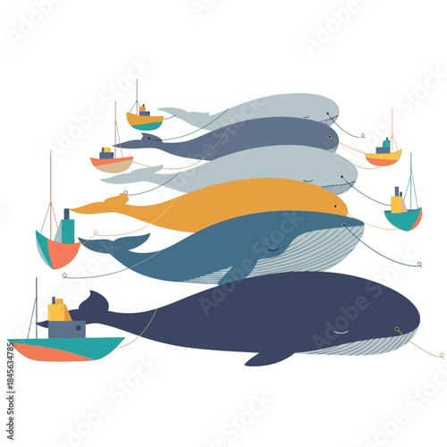 A captivating illustration of multiple whales being towed by small fishing boats, symbolizing a journey or migration across the sea