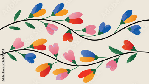Colorful heart shaped flowers on curved stems with green leaves on pale background