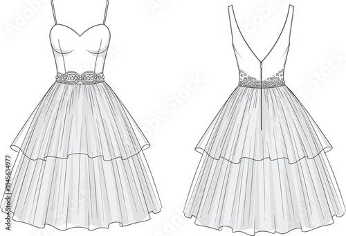 Sleeveless sweetheart dress illustration, layered flared skirt, floral waistband, technical fashion sketch, front and back view, vector garment template