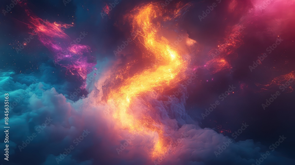 Obraz premium Abstract celestial background showing a vibrant stream of golden orange energy moving through swirling clouds of blue, purple, and red nebula in space, symbolizing power and creation