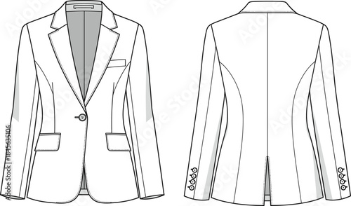 Tailored blazer technical fashion sketch, front and back view, single-button closure, notched lapel, princess seams, garment construction vector template