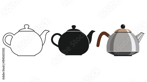 Unique Teapots vector Set in Three Styles — Line Art, Silhouette and Color Version Showing 