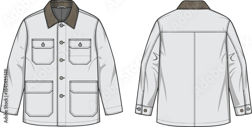 Utility jacket technical fashion sketch, front and back view, flap and patch pockets, striped collar, button closure, apparel design, vector template