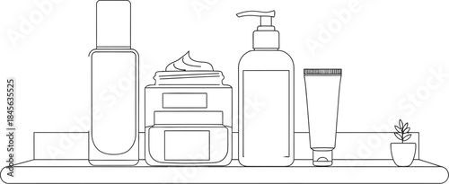 Outline drawing of various skincare beauty products displayed neatly on a minimalist shelf