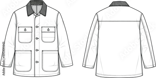 Utility jacket technical fashion sketch, front and back view, patch and flap pockets, ribbed collar, button closure, apparel design, vector template