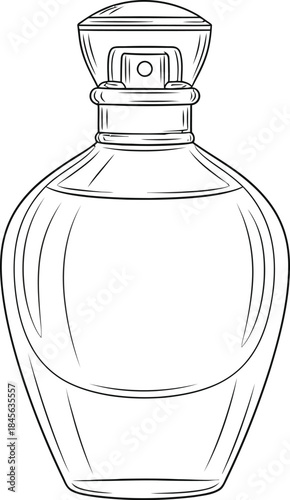 Elegant outline drawing of a classic perfume bottle featuring a decorative atomizer spray cap design