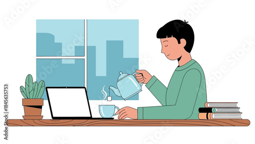 Young professional taking a break with tea at modern desk