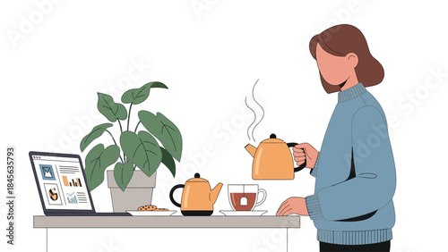 Woman enjoying tea and working on laptop at cozy desk