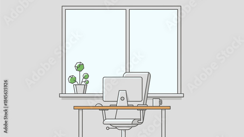 Modern office workspace with computer and plant on windowsill