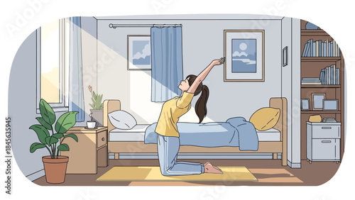 Woman practices yoga in serene bedroom with plants and books