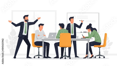 Business team collaborating in modern office space with laptops