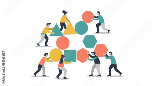 Teamwork and collaboration concept with people building geometric shapes
