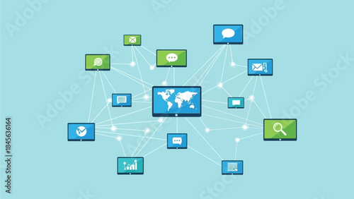 Global network of connected devices and communication icons
