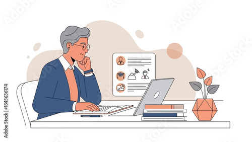 Businessman working on laptop with resume and books on desk