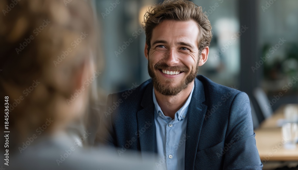 Obraz premium Man Smiling While In A Business Meeting With His Partner, Showing A Positive And Happy Attitude Towards The Discussion.