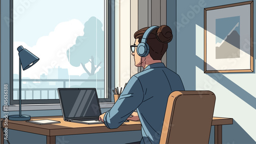 Remote worker wearing headphones focused on laptop at desk by window