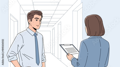 Businessman and woman discussing documents in office hallway