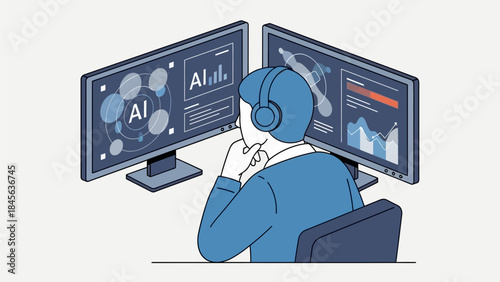 Professional data analyst working with AI on dual monitors