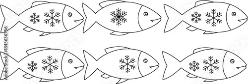 Black and White Line Art of Six Cartoon Fish Outlines Decorated with Snowflakes, Representing Frozen or Seafood Design