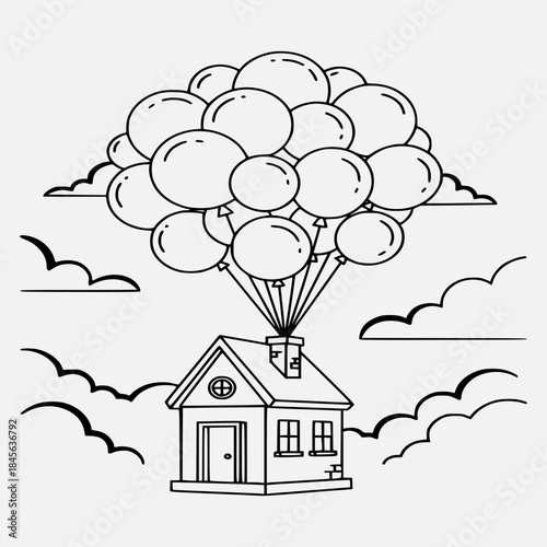 Whimsical black and white line art illustration of a cozy house floating through the sky, lifted by a large cluster of balloons, symbolizing freedom, dreams, and imaginative journeys