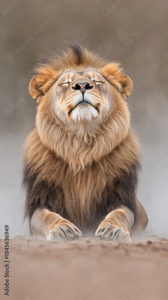 Obraz premium Powerful male African lion roars fiercely in fog, showcasing majestic mane against dark smoky backdrop in a wild setting