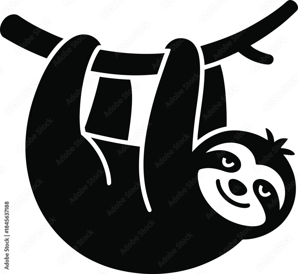 Obraz premium Cute Sloth Hanging Icon – Black Silhouette Cartoon Animal Illustration