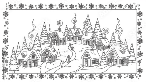 Charming snowy village coloring page features cozy cabins with smoke curling from chimneys during winter