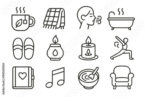Diffuser vector self pose icon gratitude care mug blanket bowl essential tub