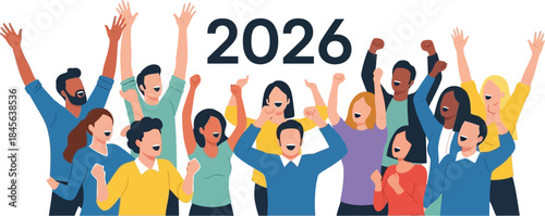 Diverse group of happy people cheering enthusiastically below the year 2026 celebration graphic