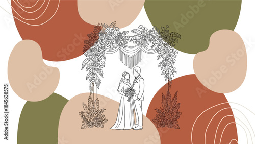 Minimalist wedding illustration featuring a couple under a botanical arch with earthy abstract shapes.