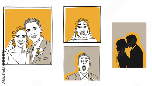 Pop-art collage depicting wedding couple photos with various emotional reactions.