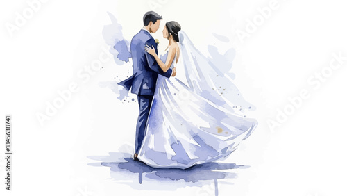 Watercolor illustration of a loving bride and groom embracing on their elegant wedding day.